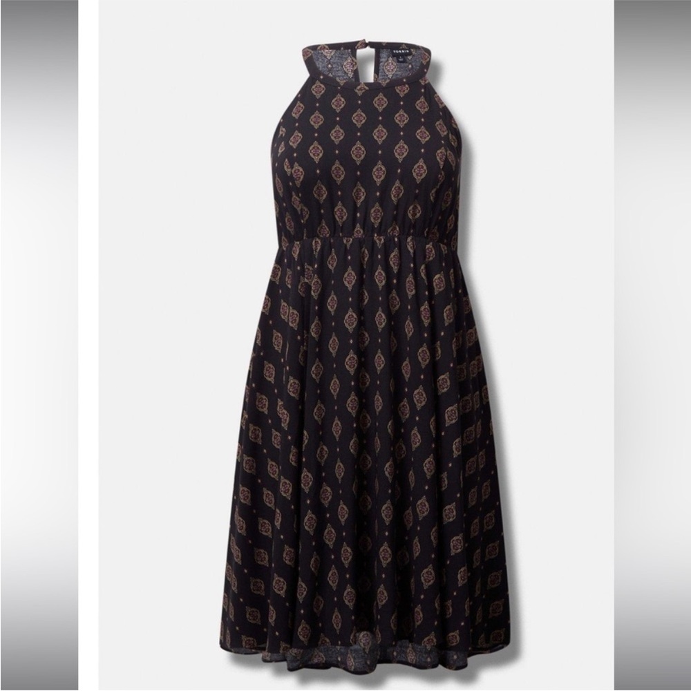 Torrid Mini Challis Halter Neck Hi-Low Dress Black Medallion Print 2X 41075027